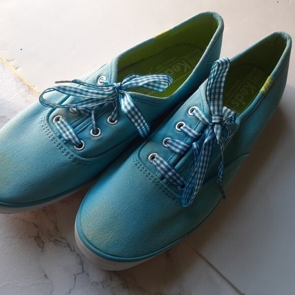 Keds Aqua Blue  Ladies Gingham Laces Canvas Low Top Sneaker Shoes Size 7.5 - Picture 8 of 14